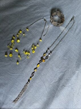 2 Necklaces and 1 Bracelet: Yellow Accent Multi-Strand Pendant Necklace